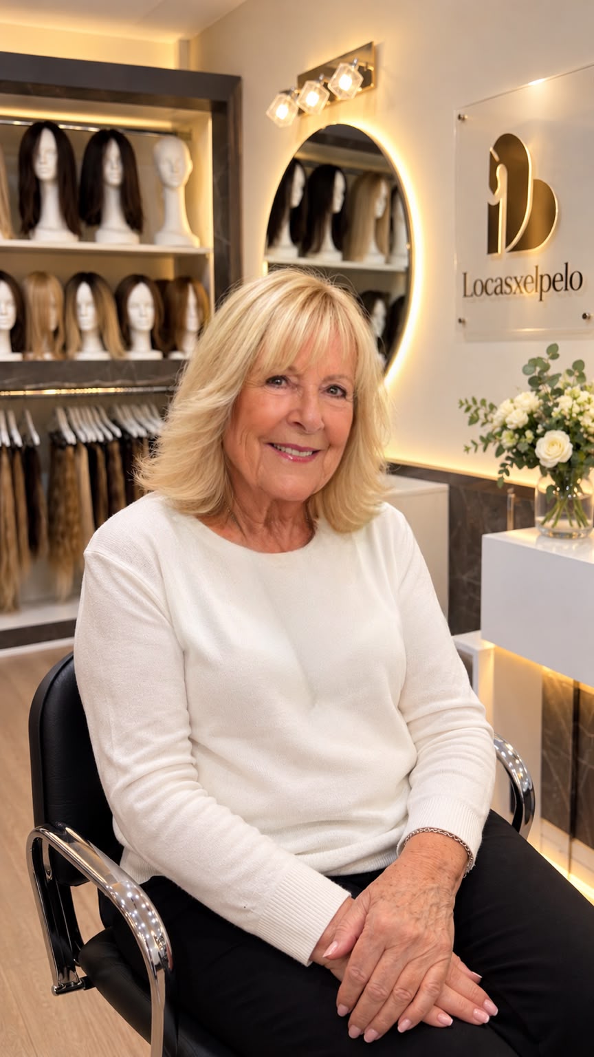 La misma clienta con peluca rubia de pelo natural, de blanco en el atelier